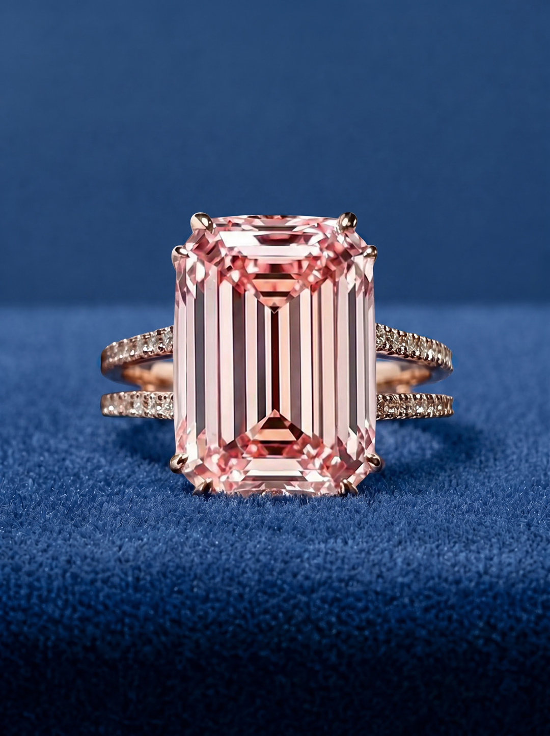 4.0CT Pink Emerald Cut Lab Grown Diamond Double Band Engagement Ring