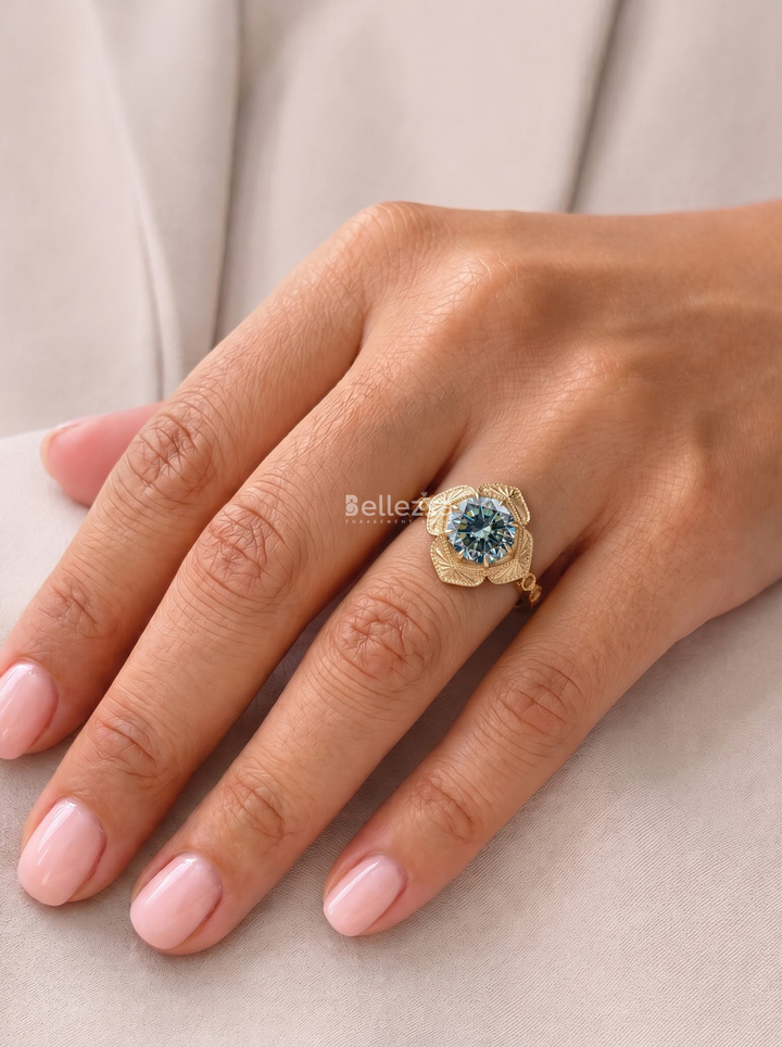 2.0CT Vintage Blue Round Lab Grown Diamond Unique Engagement Ring