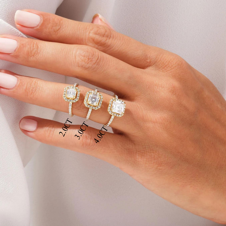 2.0CT Asscher Diamond Halo Pave Setting Moissanite Engagement Ring