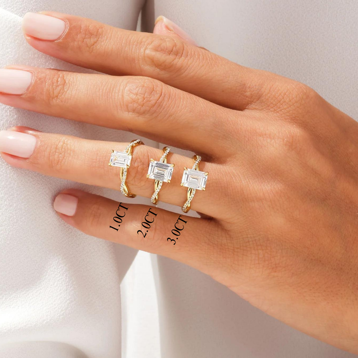 1.0CT Emerald Diamond Twisted Pave Setting Moissanite Engagement Ring