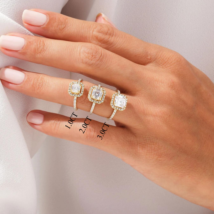 1.0CT Asscher Diamond Halo Pave Setting Moissanite Engagement Ring