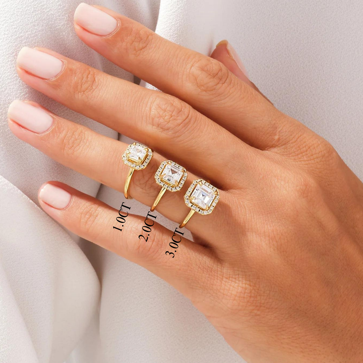 1.0CT Asscher Diamond Halo Moissanite Engagement Ring