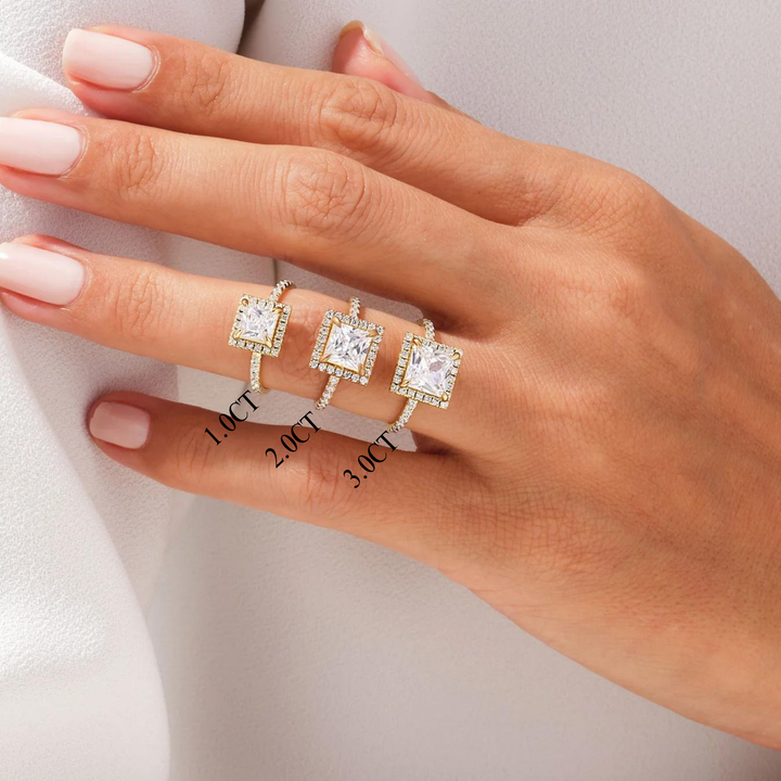 1.0CT Princess Diamond Halo Pave Setting Moissanite Engagement Ring