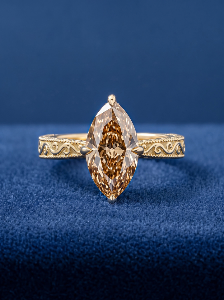 3.0CT Brown Marquise Lab Grown Diamond Engraved Engagement Ring