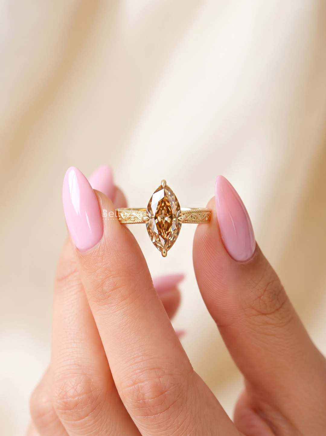 3.0CT Brown Marquise Lab Grown Diamond Engraved Engagement Ring