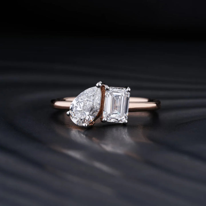 1.5 CT Emerald & Pear Shaped Moissanite Two Stone Engagement Ring