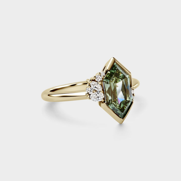 2.0CT Fancy Green Elongated Hexagon Cut Unique Cluster Lab Grown Ring