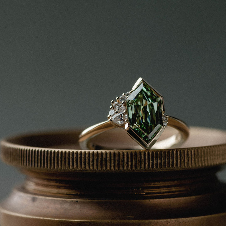 2.0CT Fancy Green Elongated Hexagon Cut Unique Cluster Lab Grown Ring