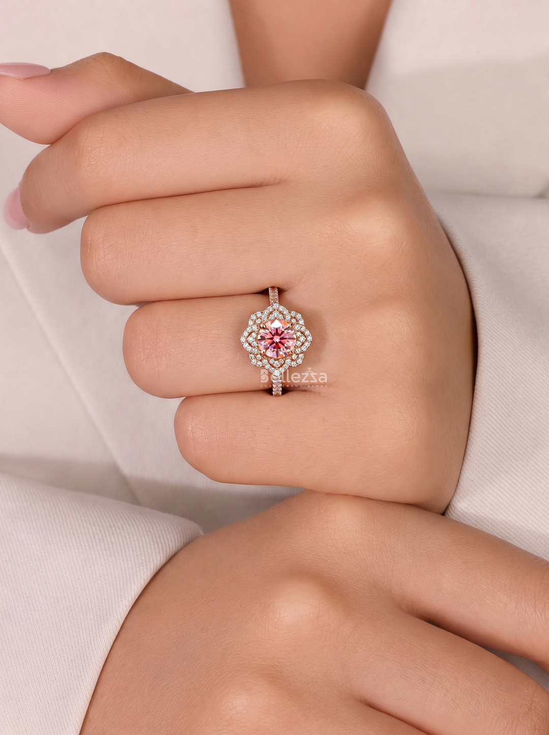 1.0CT Pink Round Lab Grown Diamond Floral Halo Engagement Ring