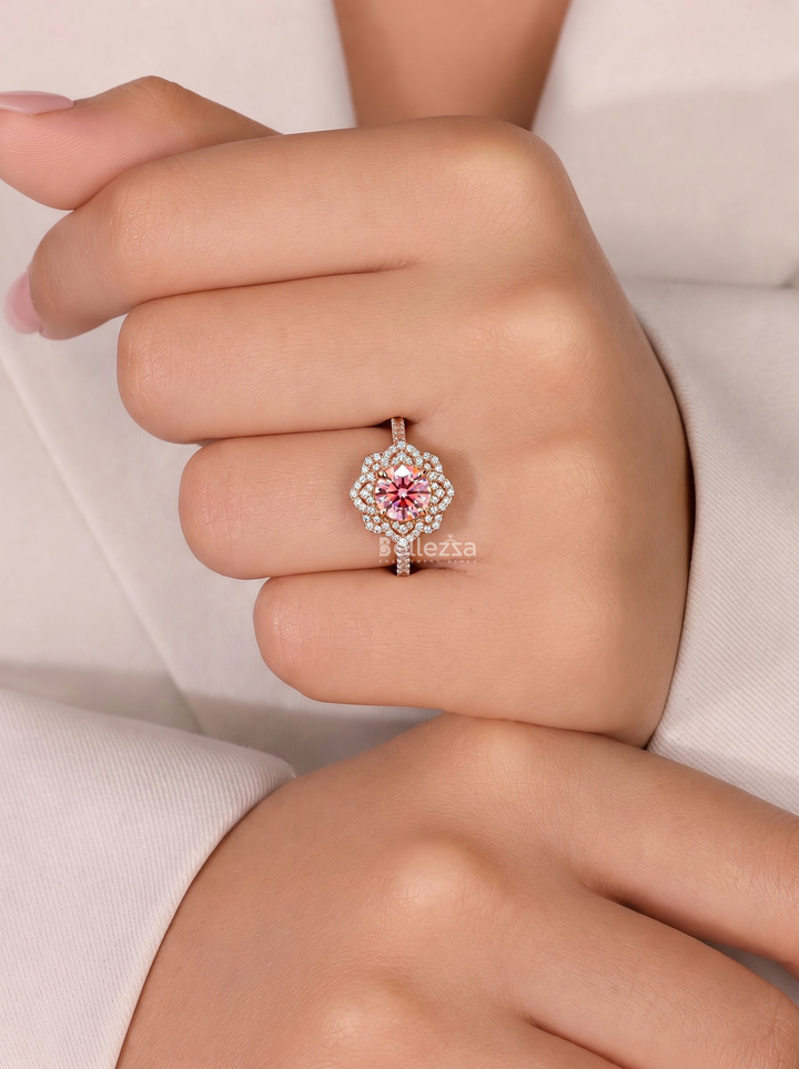 1.0CT Pink Round Lab Grown Diamond Floral Halo Engagement Ring