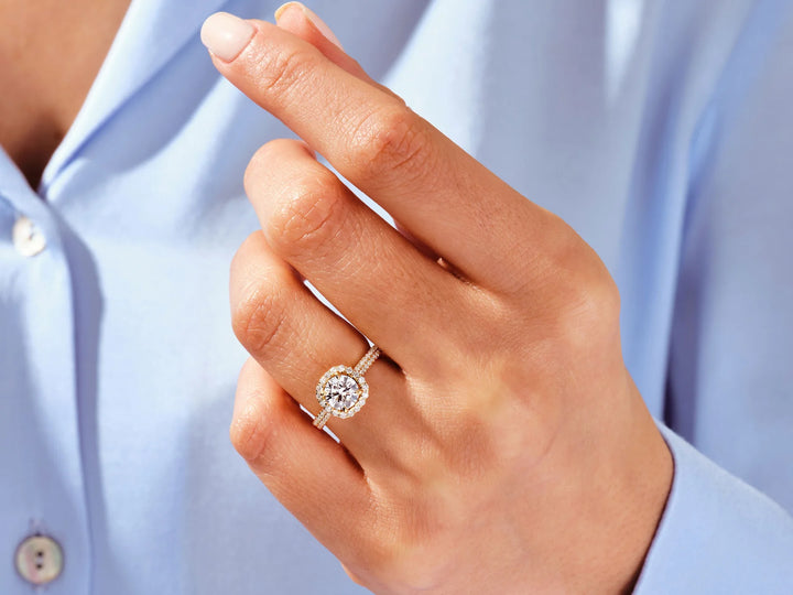 1.0CT Round Diamond Double Pave Halo Set Moissanite Engagement Ring