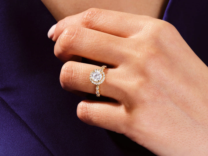 1.0CT Round Brilliant Diamond Halo Pave Set Moissanite Engagement Ring