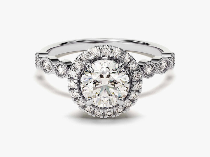 1.0CT Round Brilliant Diamond Halo Pave Set Moissanite Engagement Ring