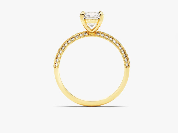 1.0 CT Round Cut Knife Edge Milgrain Pave Set Moissanite Engagement Ring