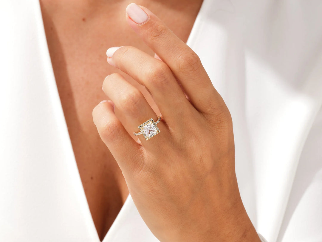 1.50CT Princess Diamond Halo Pave Setting Moissanite Engagement Ring