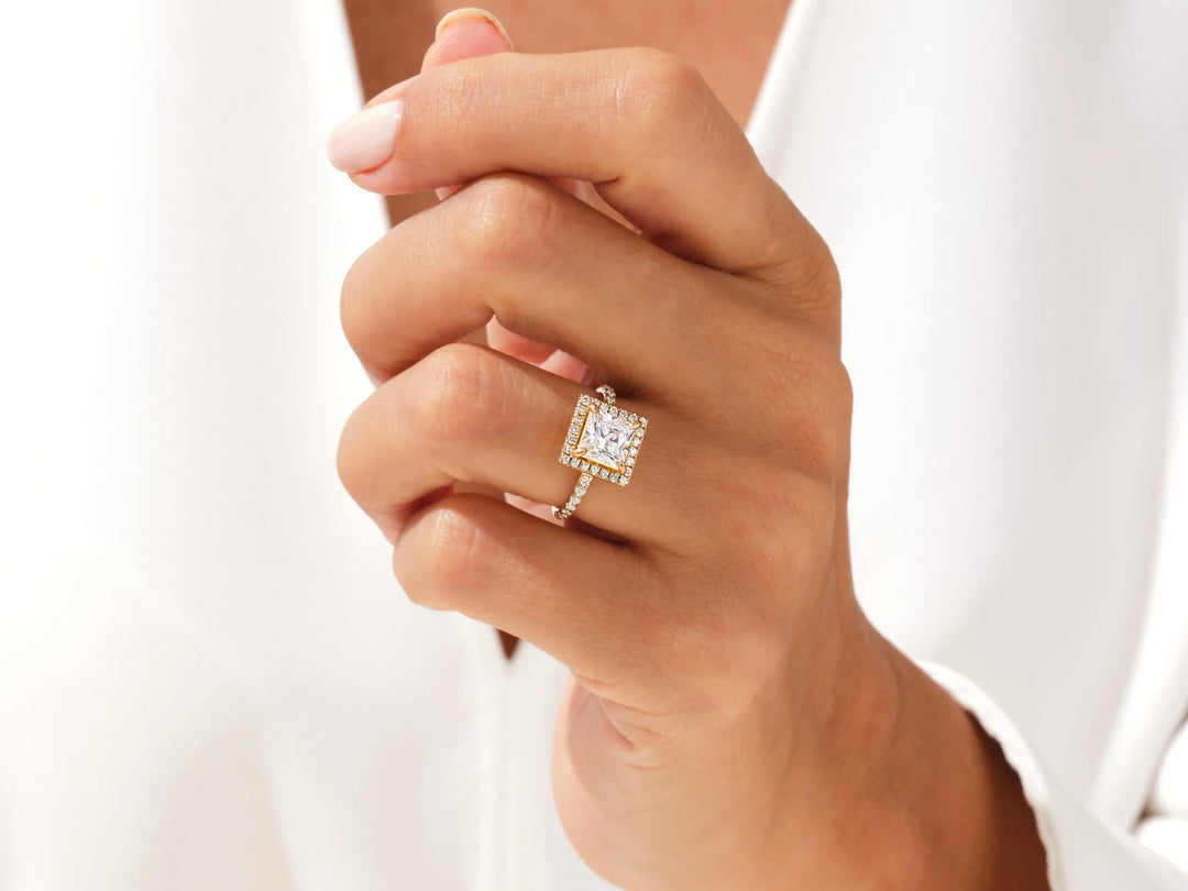 2.0CT Princess Diamond Halo Pave Setting Moissanite Engagement Ring