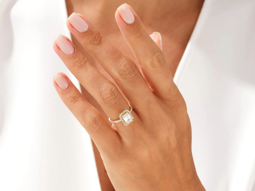 1.0CT Emerald Diamond Halo Pave Setting Moissanite Engagement Ring