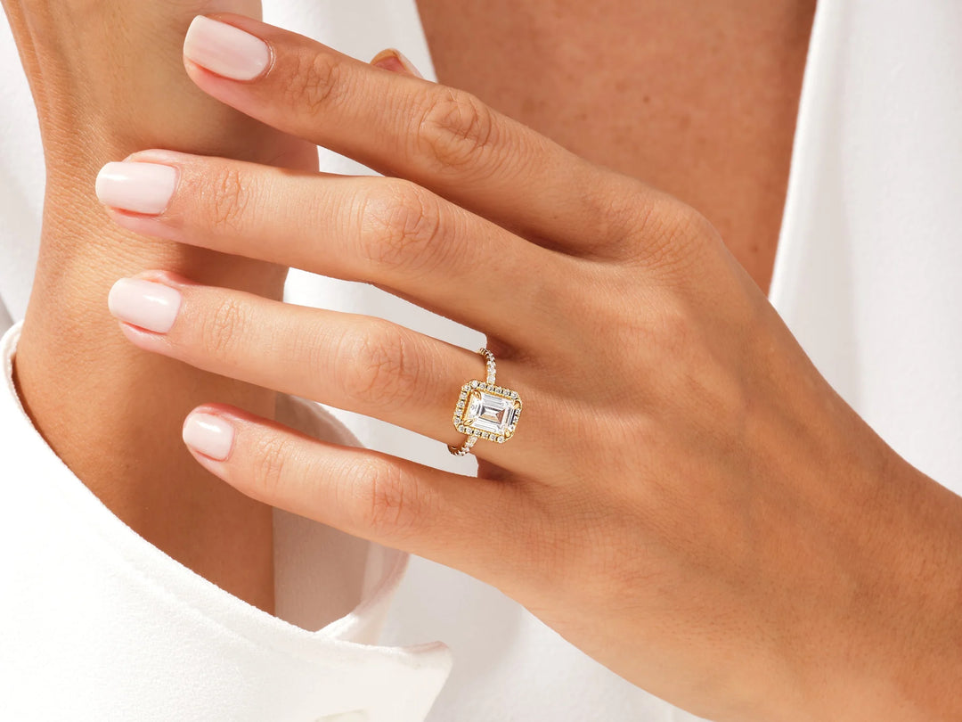 1.50CT Emerald Diamond Halo Pave Setting Moissanite Engagement Ring