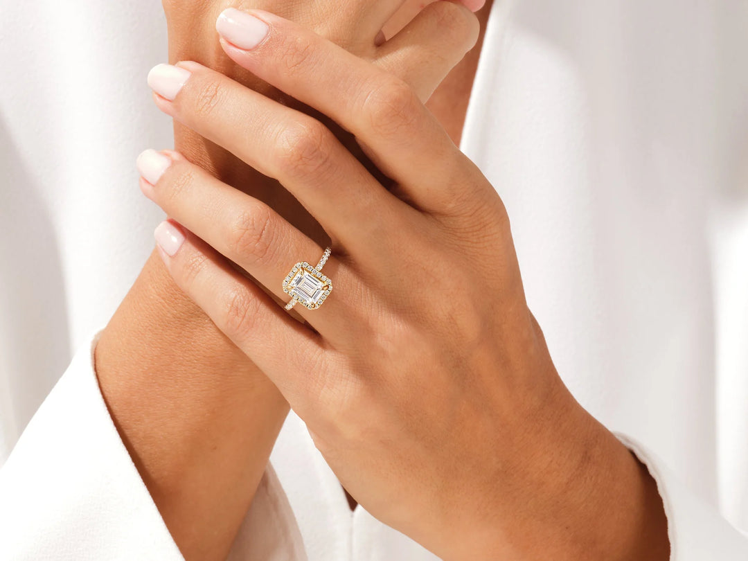 2.0CT Emerald Diamond Halo Pave Setting Moissanite Engagement Ring