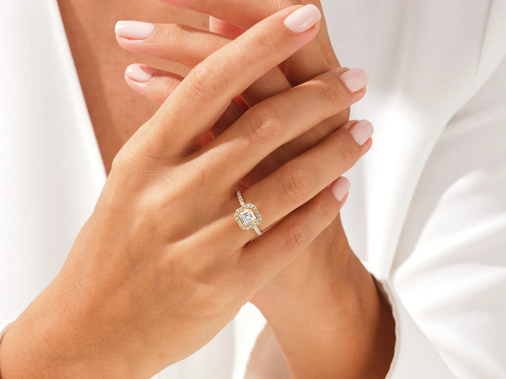 1.0CT Asscher Diamond Halo Pave Setting Moissanite Engagement Ring