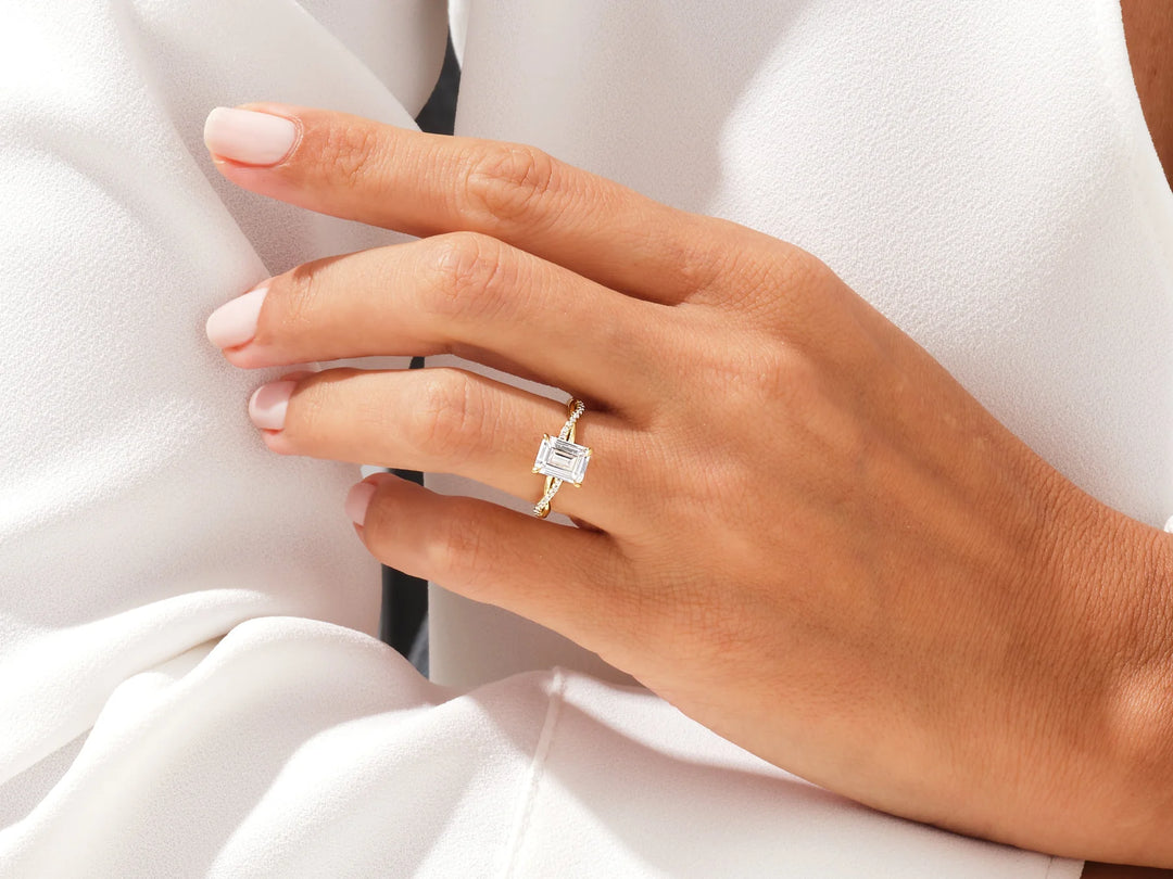 1.50CT Emerald Diamond Twisted Pave Setting Moissanite Engagement Ring