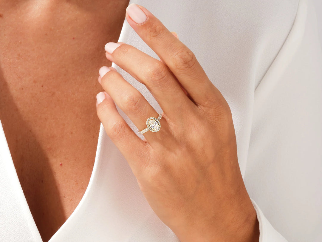 1.0CT Oval Diamond Double Shank Halo Moissanite Engagement Ring