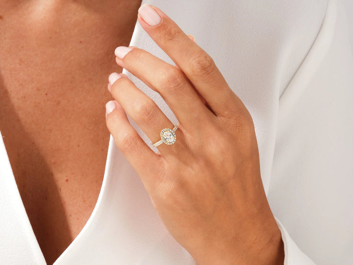 1.0CT Oval Diamond Double Shank Halo Moissanite Engagement Ring