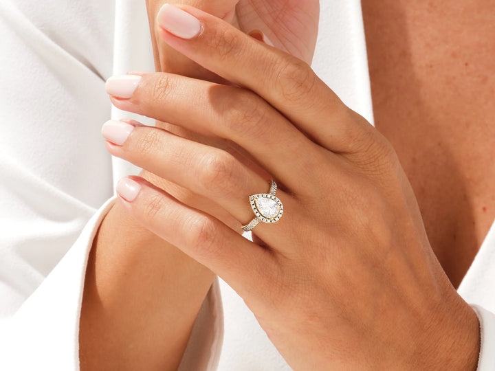 1.50CT Pear Diamond Double Shank Halo Moissanite Engagement Ring