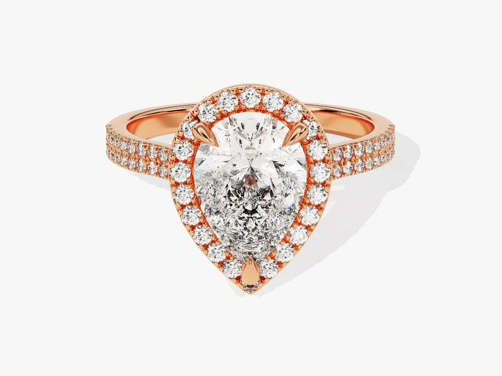 2.0CT Pear Diamond Double Shank Halo Moissanite Engagement Ring