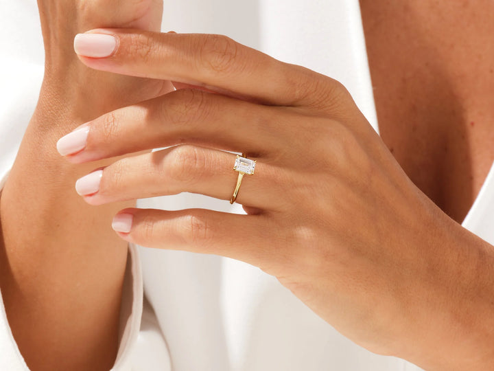 1.0CT Emerald Diamond Knife Edge Solitaire Moissanite Engagement Ring