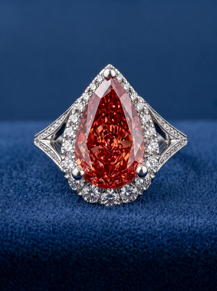 3.0CT Red Pear Diamond Halo Split Shank Engagement Ring