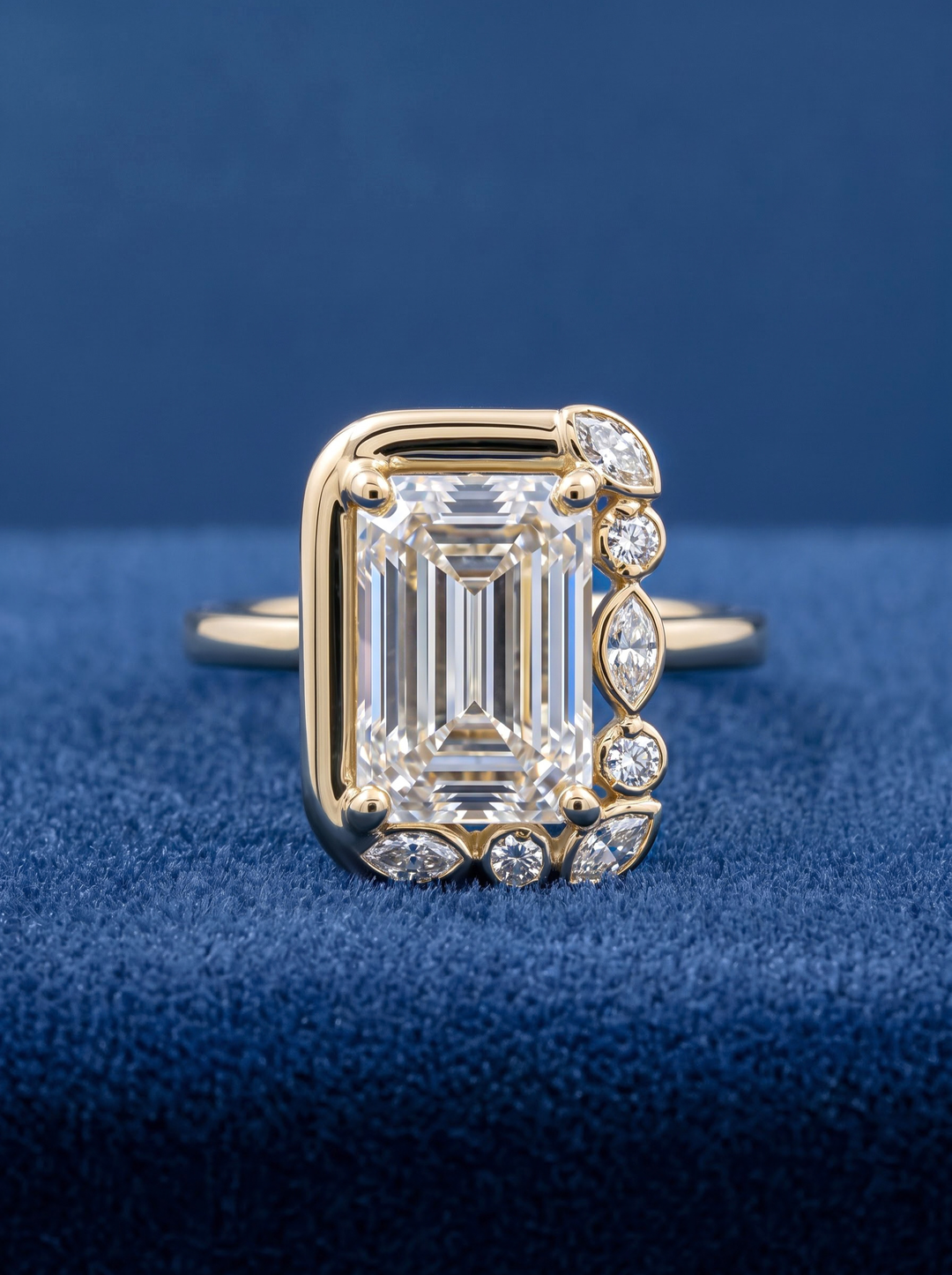 2.0CT Emerald Cut Diamond Asymmetrical Accent Engagement Ring