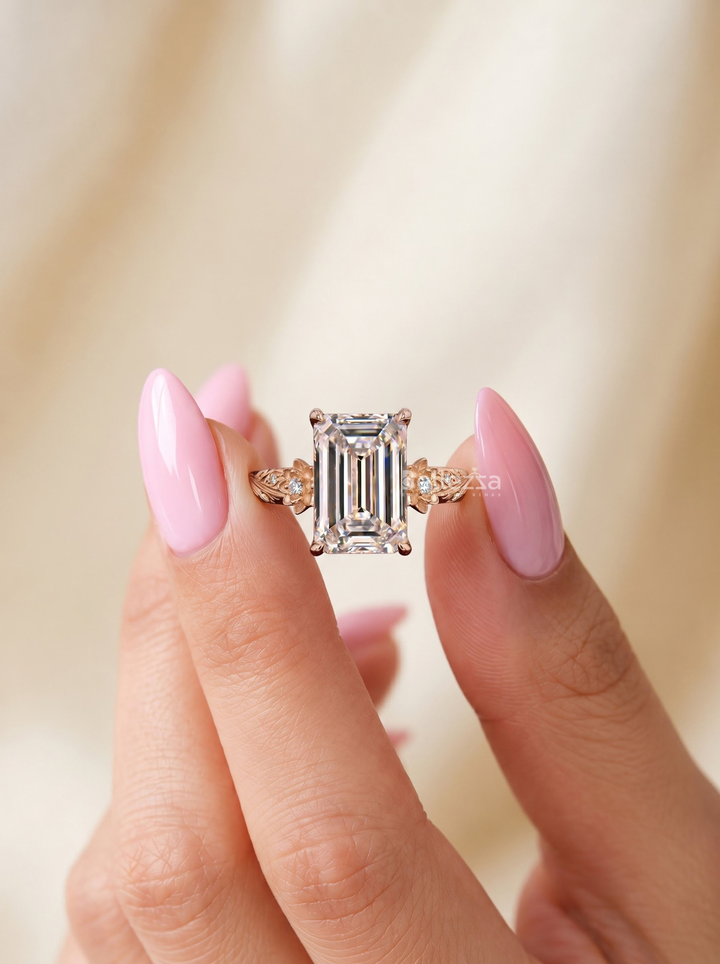 3.0CT Emerald Cut Floral Vine Lab Grown Diamond Engagement Ring