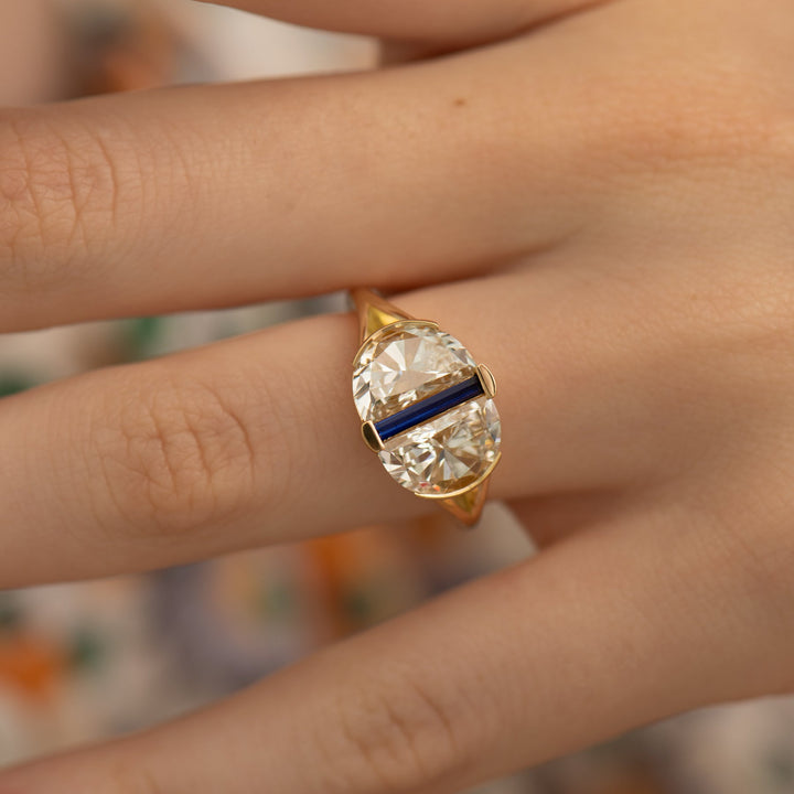 3.0CTW Light Yellow Half Moon Cut Diamond With Needle Baguette Lab Grown Ring