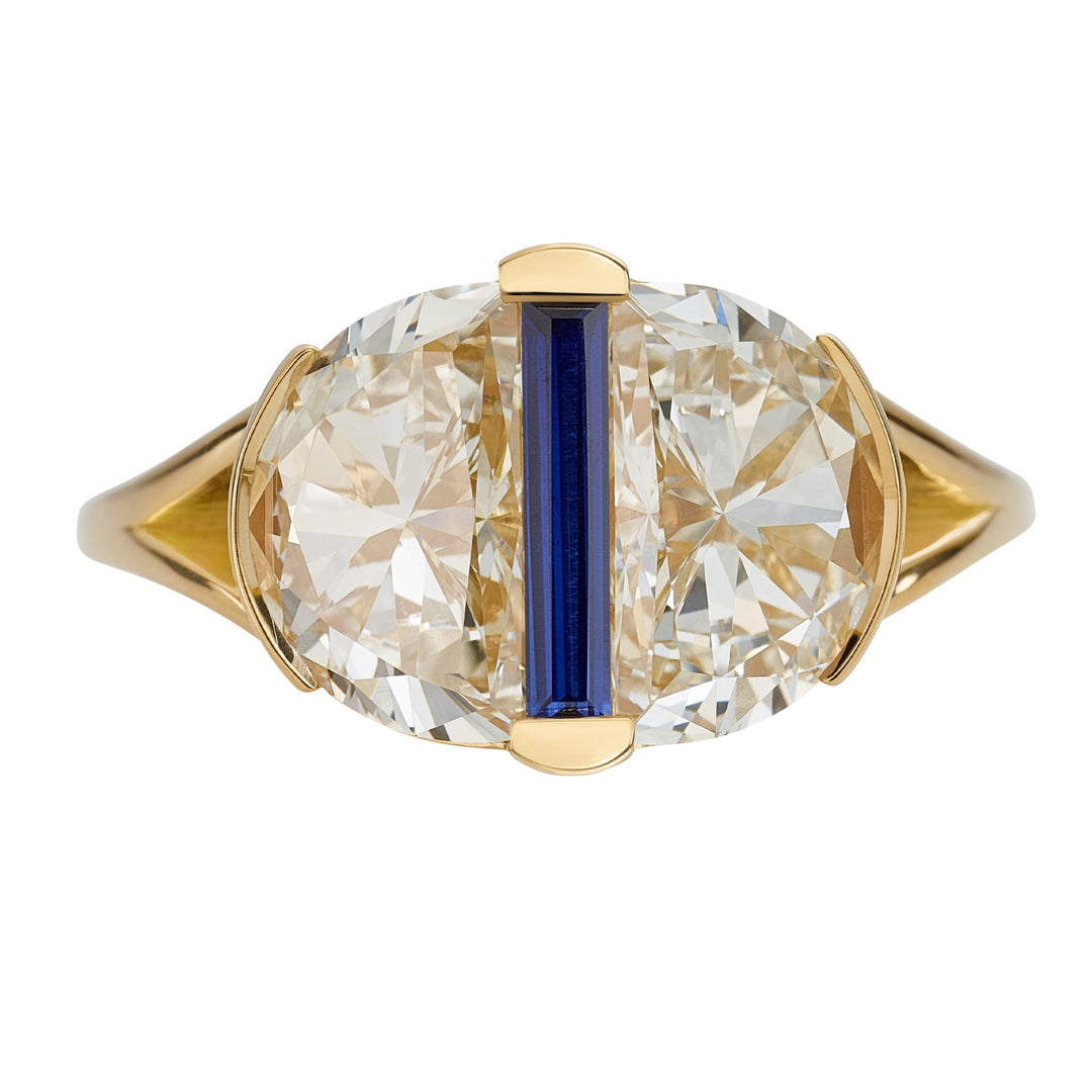 3.0CTW Light Yellow Half Moon Cut Diamond With Needle Baguette Lab Grown Ring