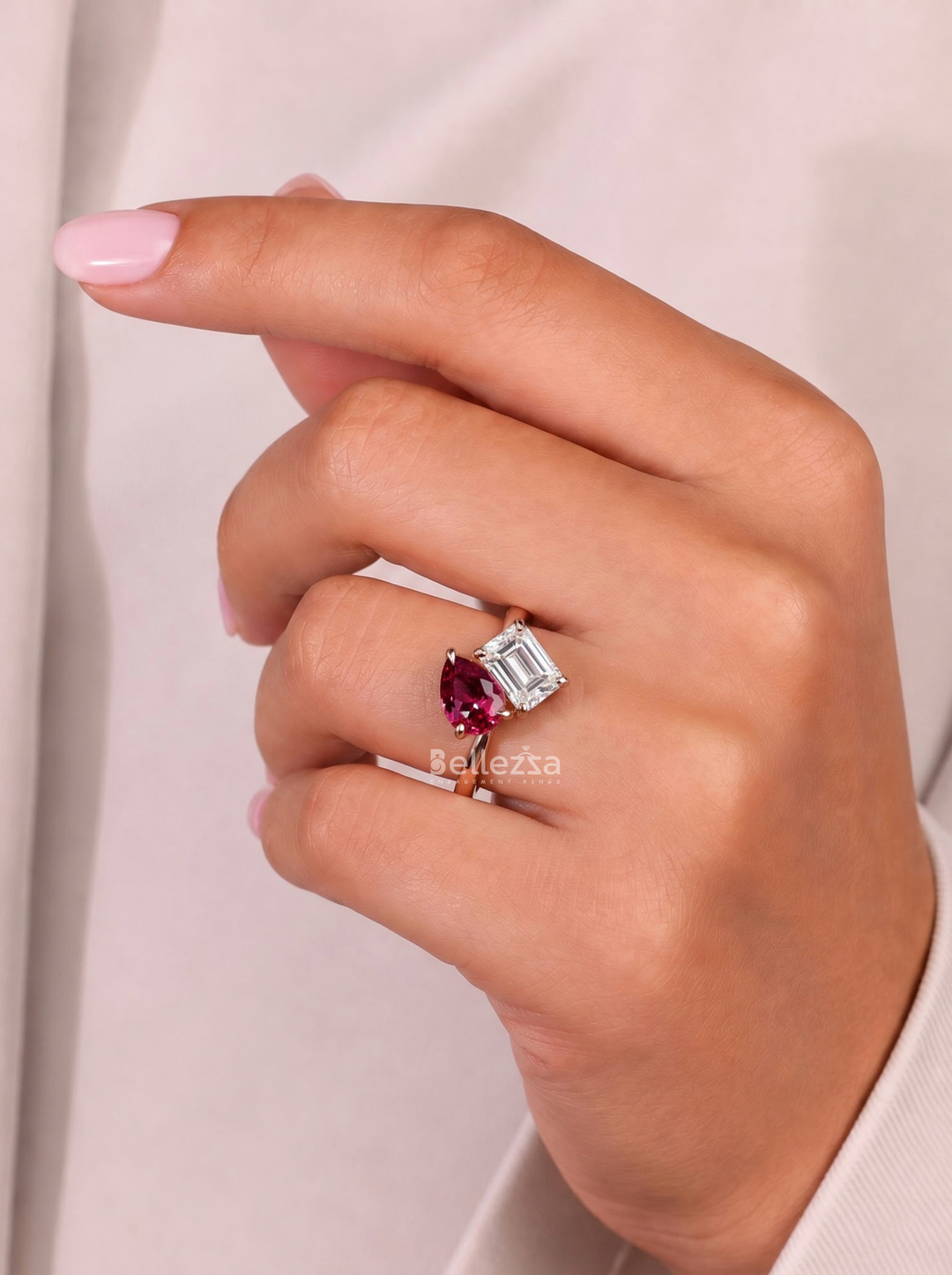 2.0CT Ruby Pear & Emerald Cut Diamond Toi Et Moi Lab Grown Engagement Ring