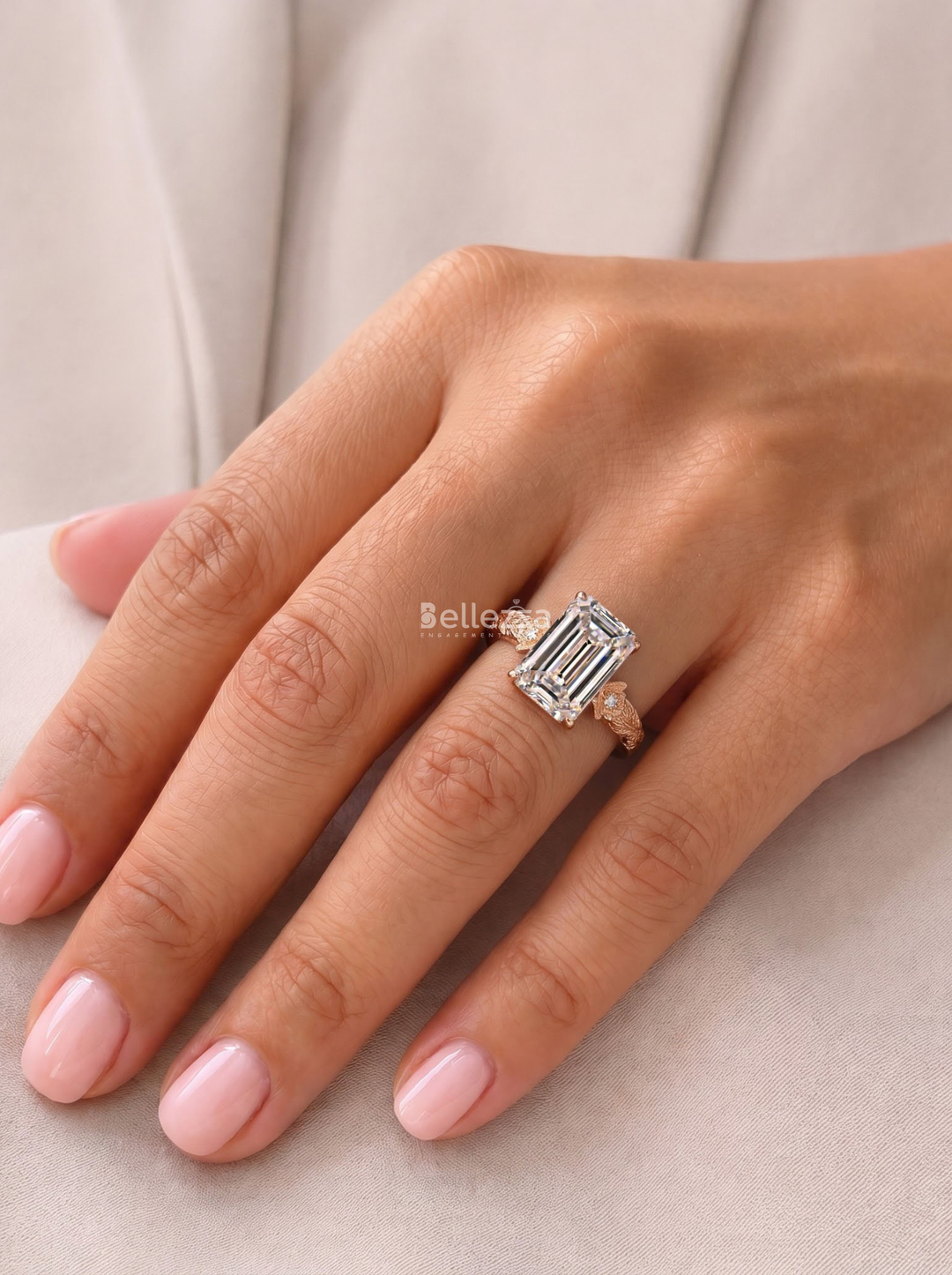 3.0CT Emerald Cut Floral Vine Lab Grown Diamond Engagement Ring