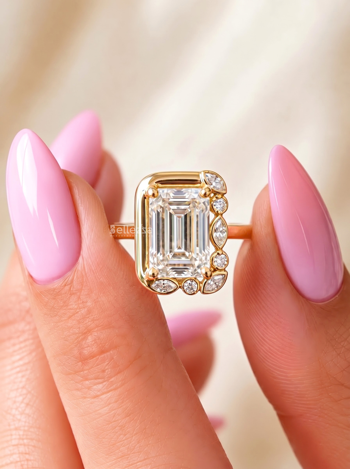 2.0CT Emerald Cut Diamond Asymmetrical Accent Engagement Ring