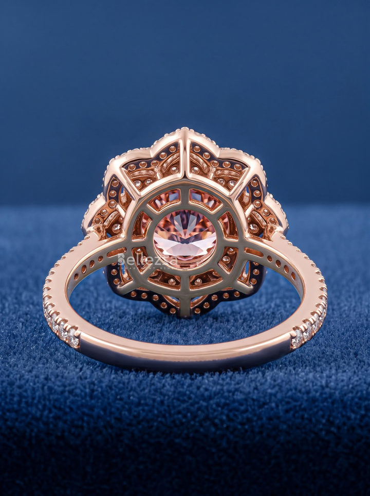 1.0CT Pink Round Lab Grown Diamond Floral Halo Engagement Ring