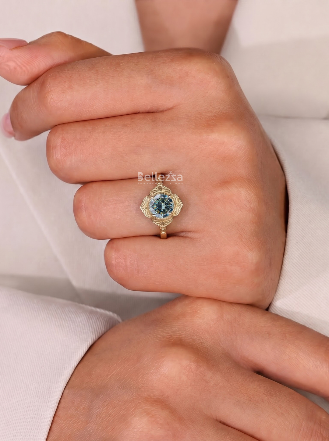 2.0CT Vintage Blue Round Lab Grown Diamond Unique Engagement Ring