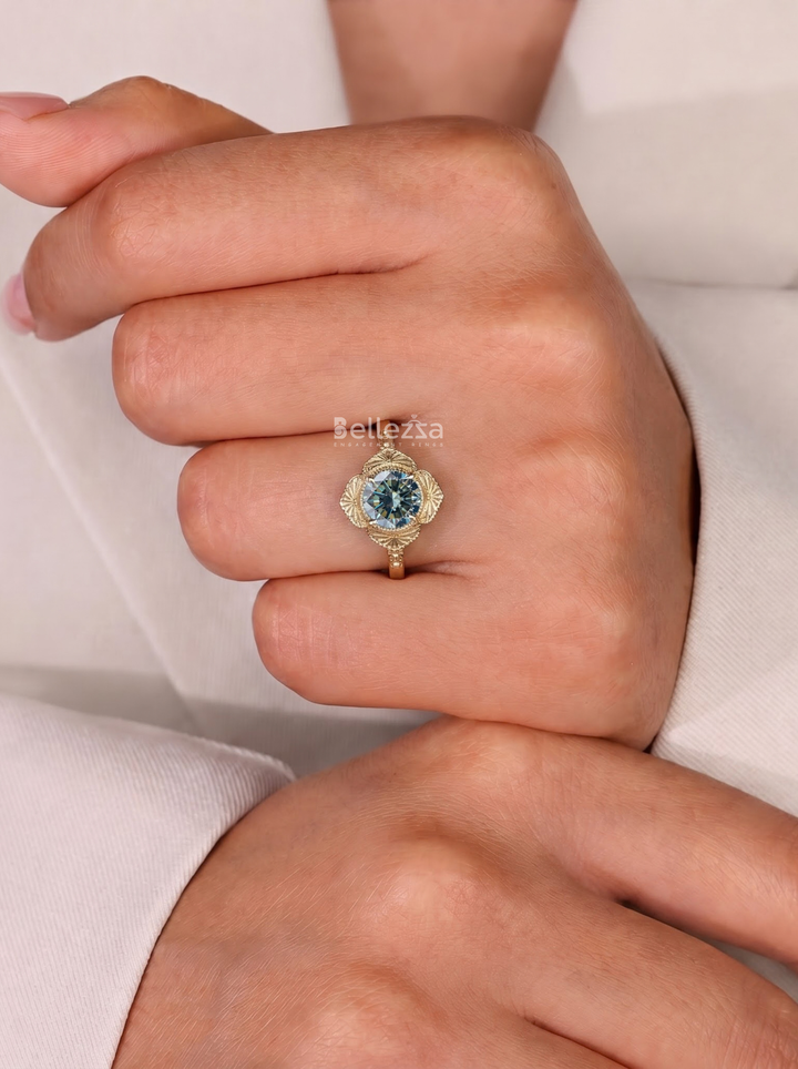 2.0CT Vintage Blue Round Lab Grown Diamond Unique Engagement Ring