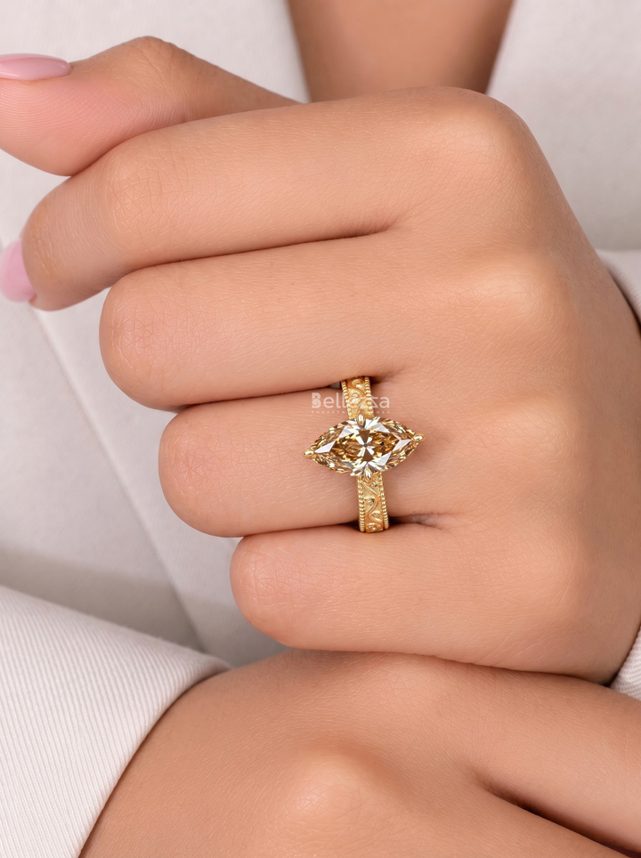 3.0CT Brown Marquise Lab Grown Diamond Engraved Engagement Ring