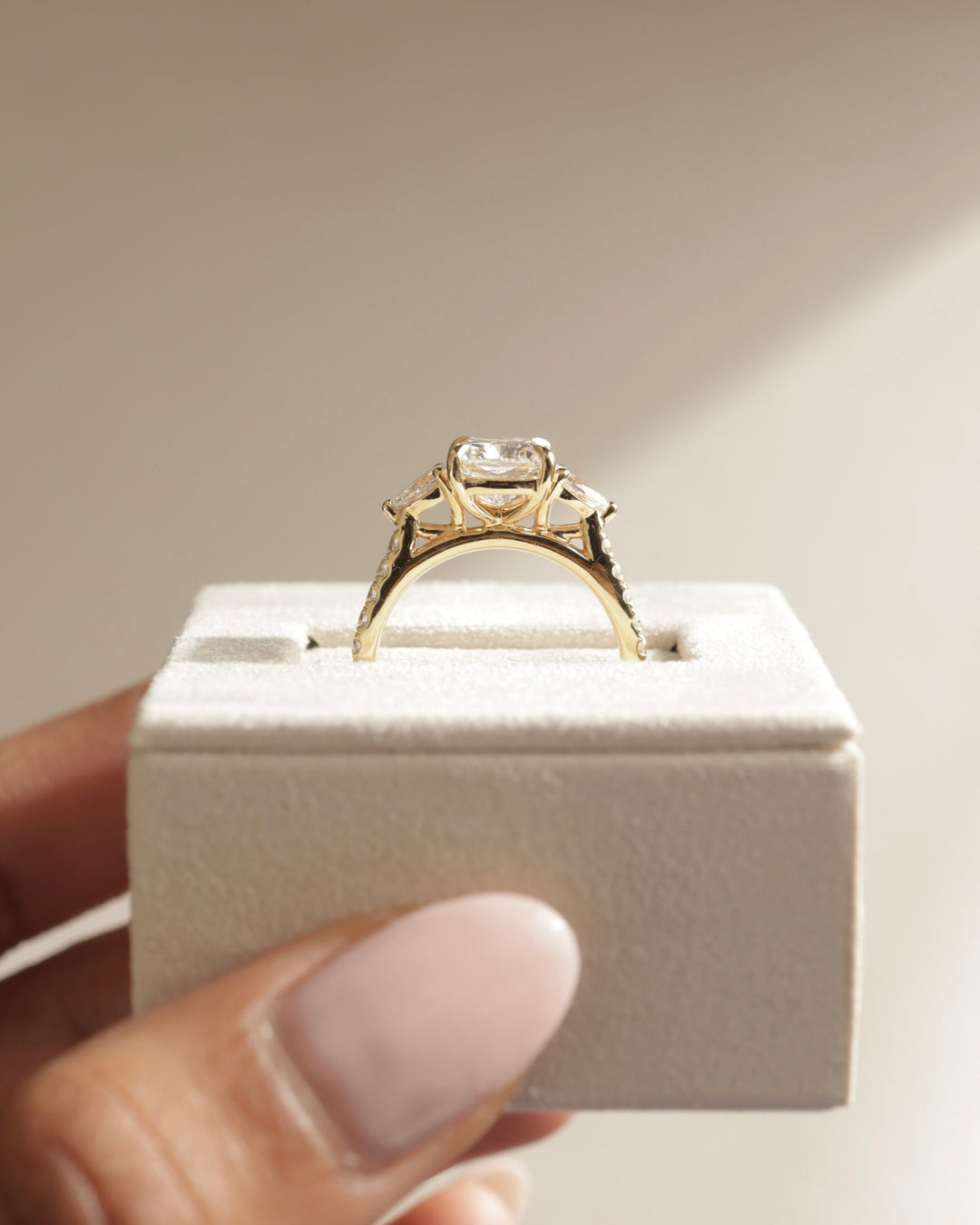 1.0 CT Cushion Cut Three Stone Pave Moissanite Engagement Ring