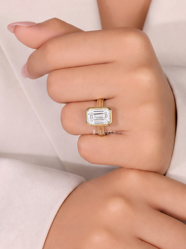 2.0CT Emerald Lab Grown Diamond Bezel Set Milgrain Engagement Ring
