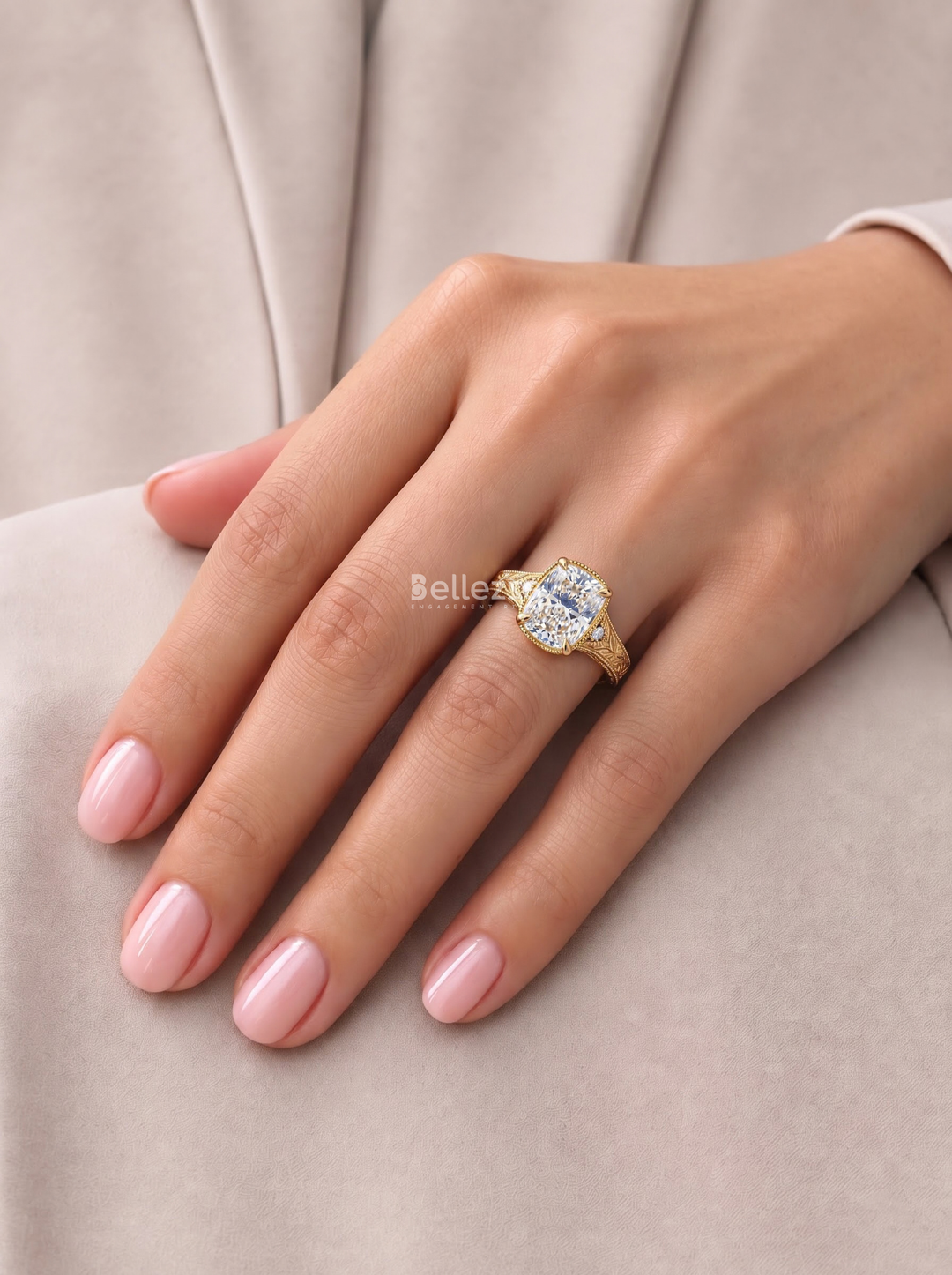 2.50CT Cushion Lab Grown Diamond Engraved Milgrain Engagement Ring