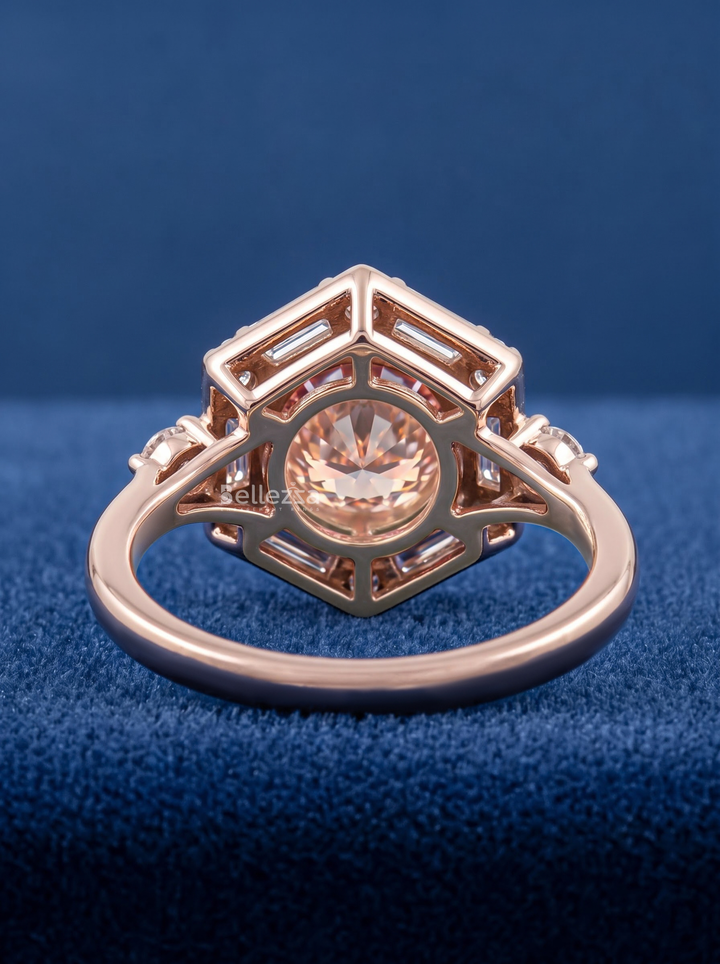 2.0CT Pink Round Lab Grown Diamond Geometric Halo Engagement Ring