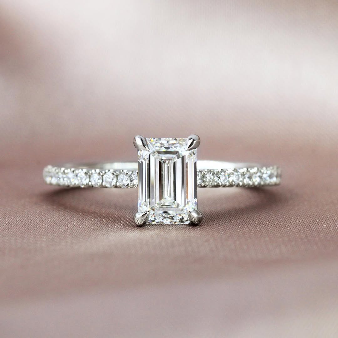 1.0 - 3.0 CT Emerald  Lab Grown Diamond Pave Style Engagement Ring
