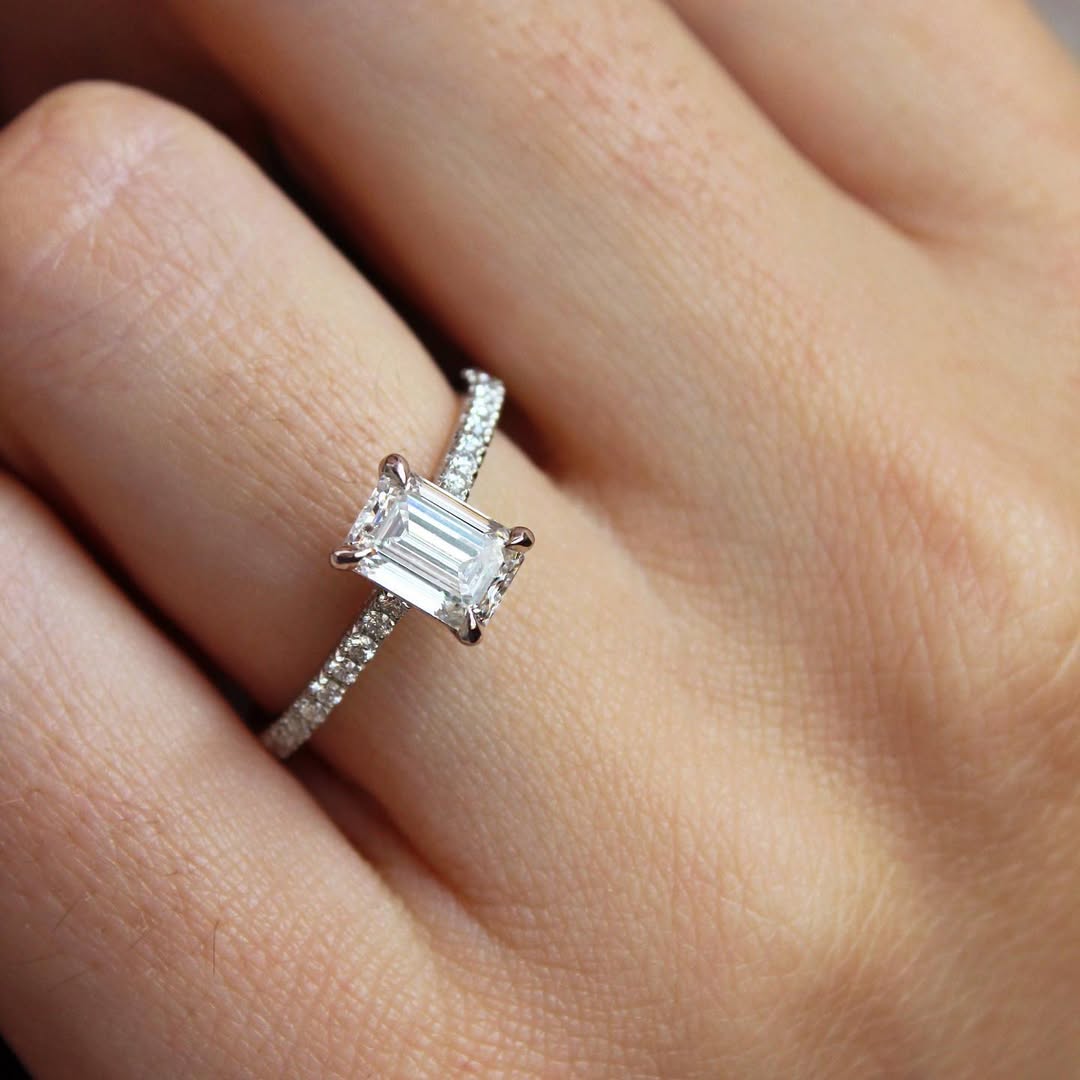 1.0 - 3.0 CT Emerald  Lab Grown Diamond Pave Style Engagement Ring