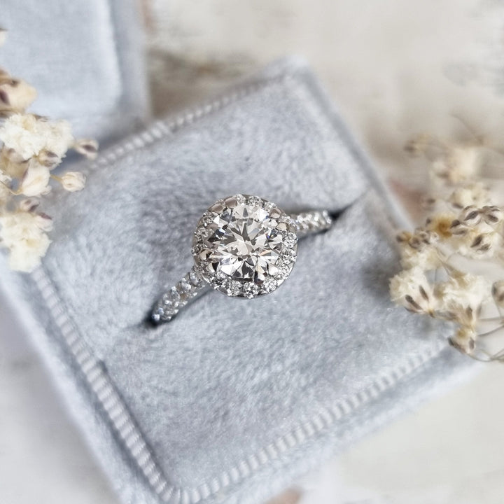 0.80 CT Round Cut Halo Style Lab Grown Diamond Engagement Ring