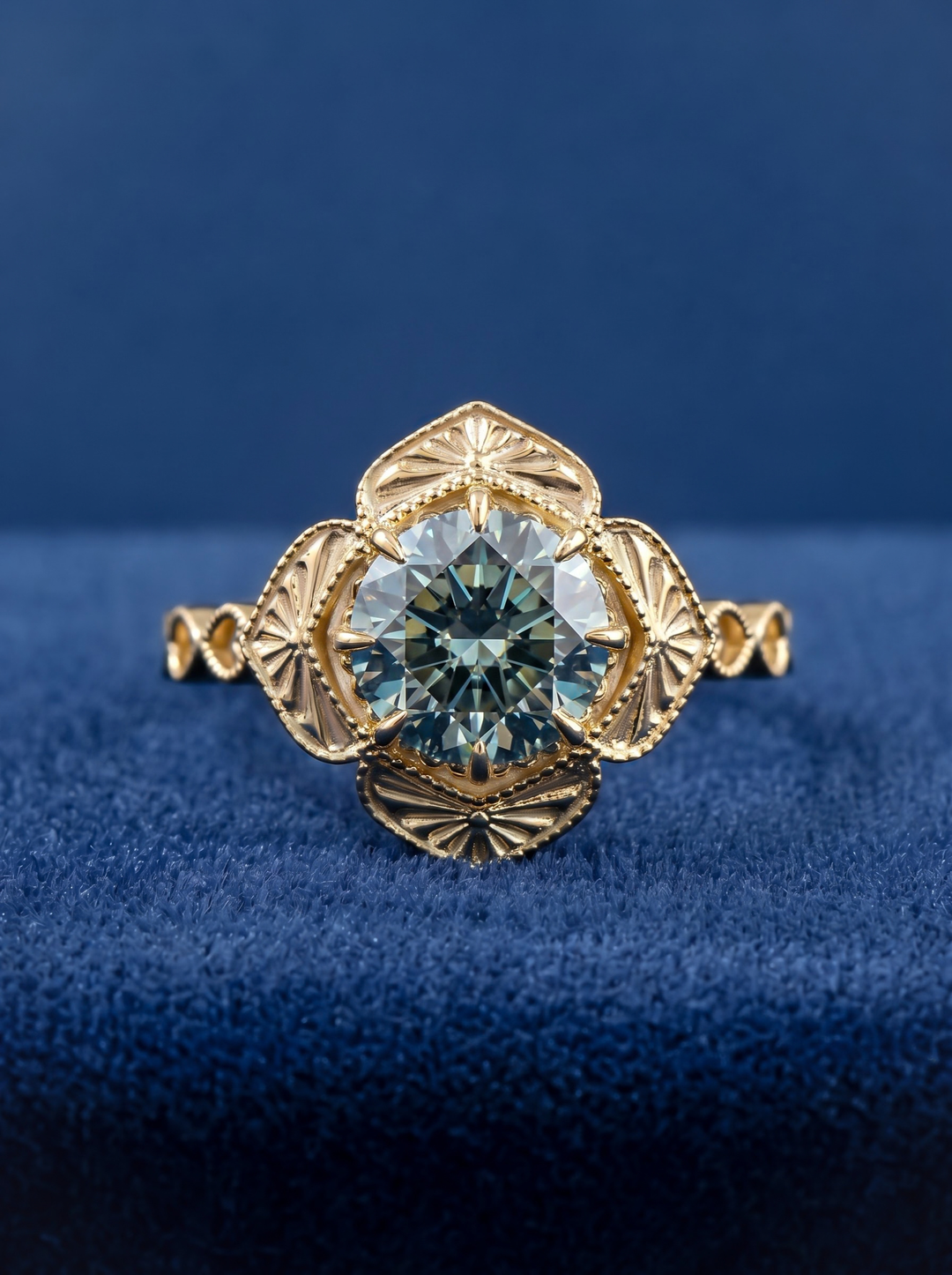2.0CT Vintage Blue Round Lab Grown Diamond Unique Engagement Ring